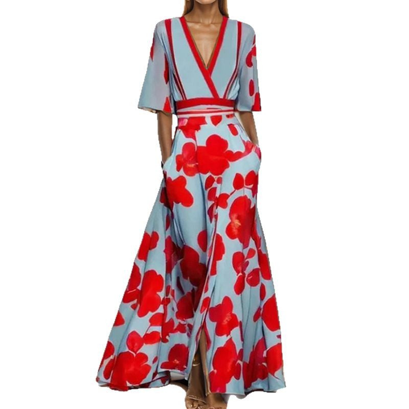 Elegantes V-Ausschnitt Maxikleid mit Blumenmuster – Bild 2 | LuxeStyle
