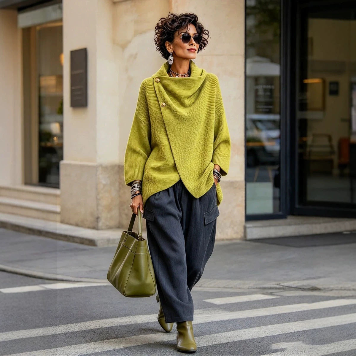 Langarmpullover mit asymmetrischem Rundknopf – Bild 2 | LuxeStyle