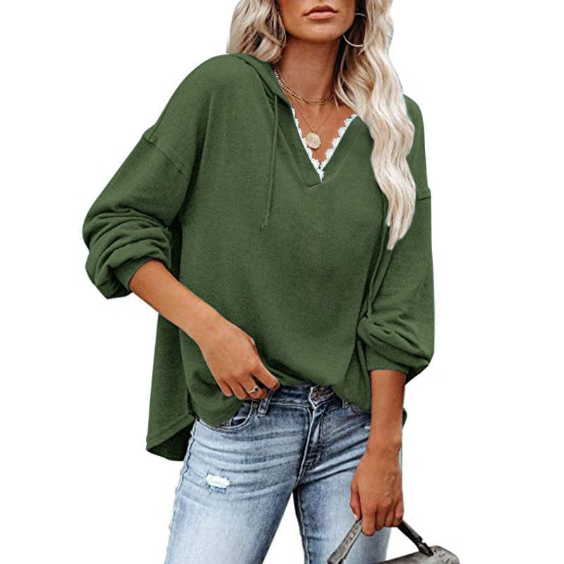 Kapuzen-Sweatshirt mit V-Ausschnitt und Spitze