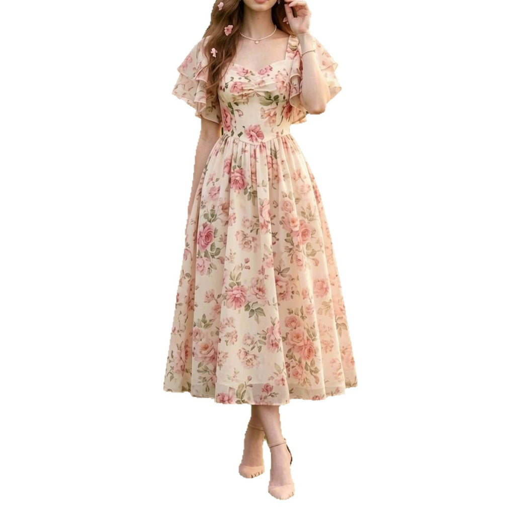 Blumenprint-Midi mit Volantsärmeln und A-Silhouette – Bild 1 | LuxeStyle