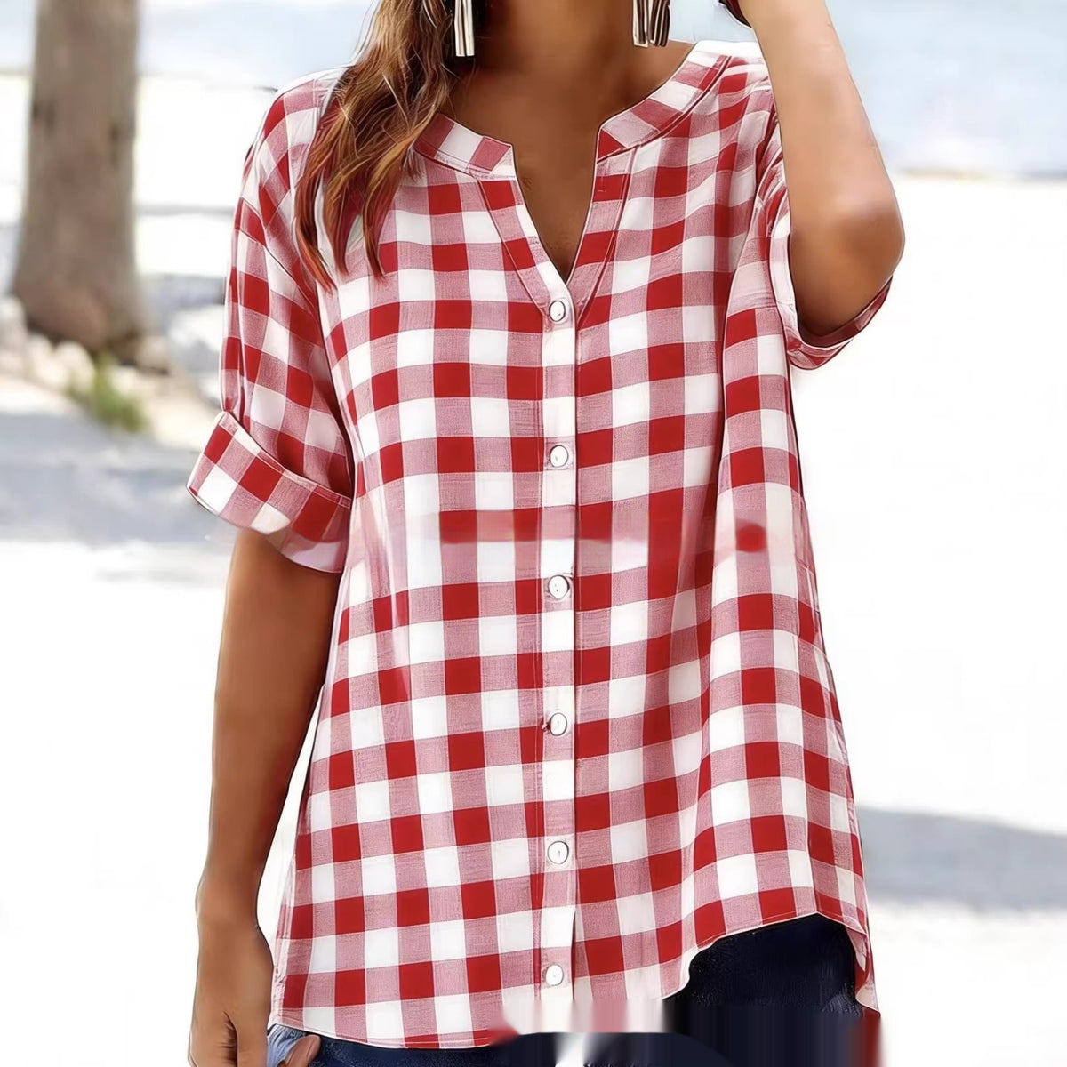 Plaid-V-Neck-Bluse – Bild 6 | LuxeStyle