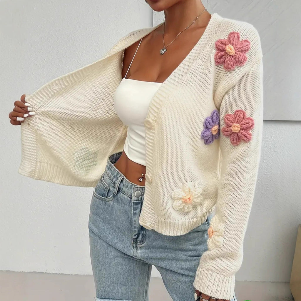 Strick-Cardigan mit 3D-Blumen und Stickereien