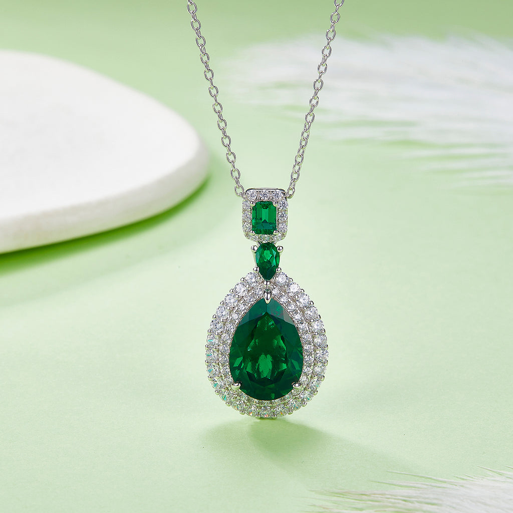 Edelstein-Halskette «Rubin & Smaragd» · 925 Silber Doppel-Halo
