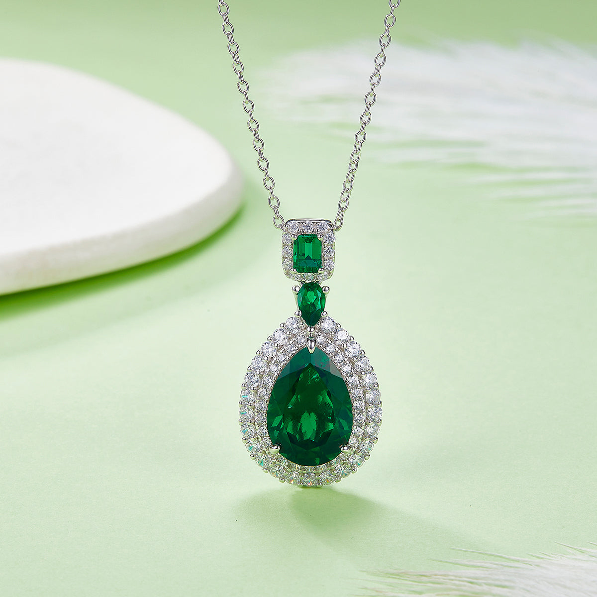 Edelstein-Halskette «Rubin & Smaragd» · 925 Silber Doppel-Halo