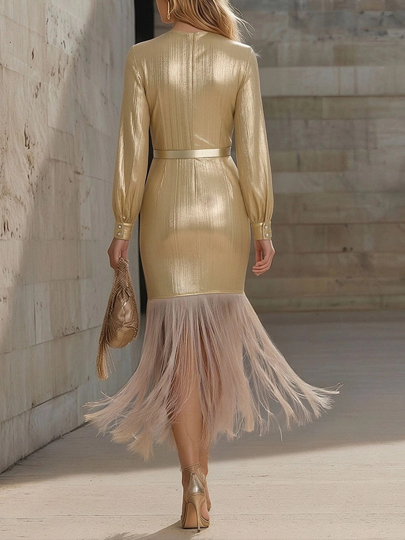 Goldenes V-Ausschnitt Langarm Damenkleid