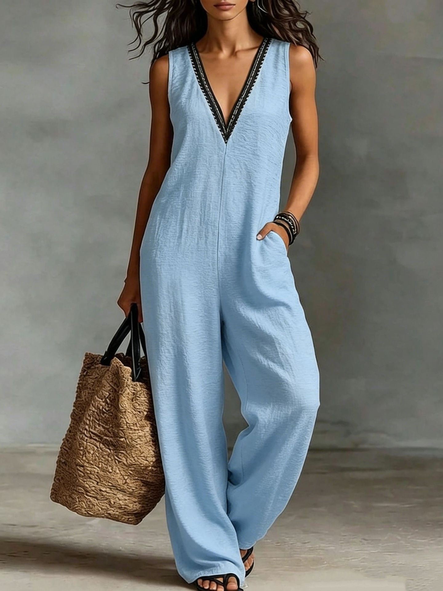 V-Ausschnitt Ärmelloser Jumpsuit mit weitem Bein