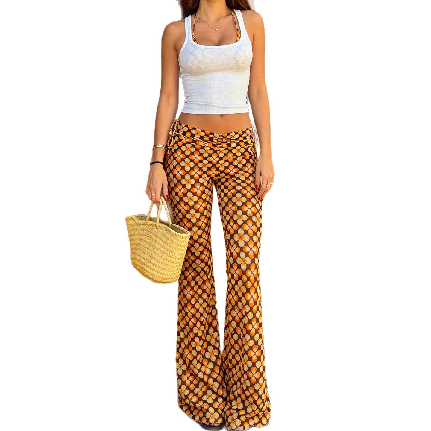 Retro Gelbe Low-Waist Stretch Hose für Damen