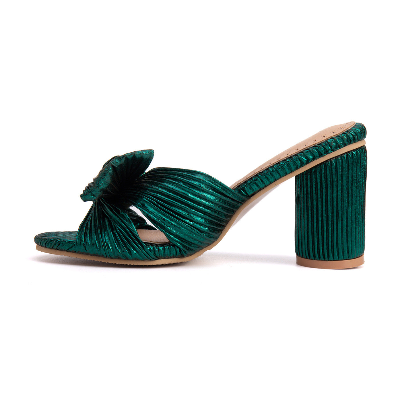Satin Pantoletten mit Peep-Toe und Blockabsatz