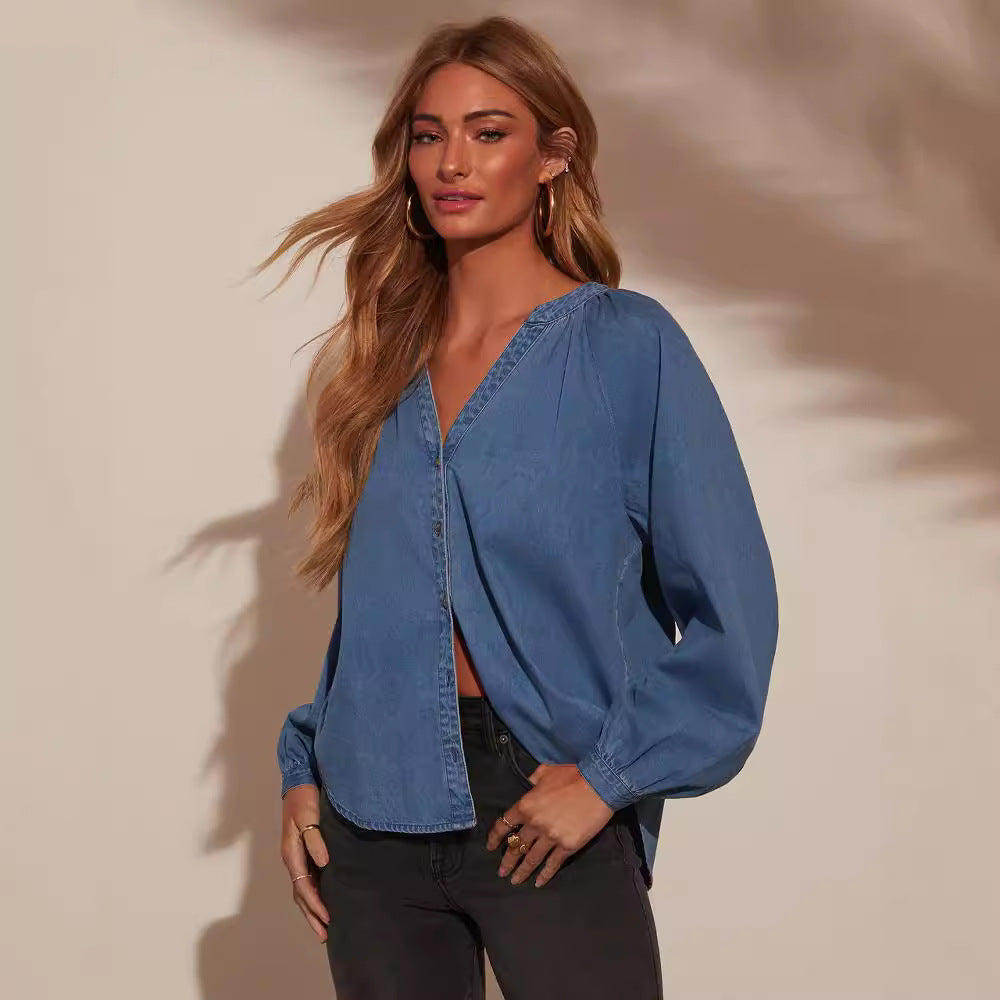 Lässiges Denim-Langarmshirt mit V-Ausschnitt