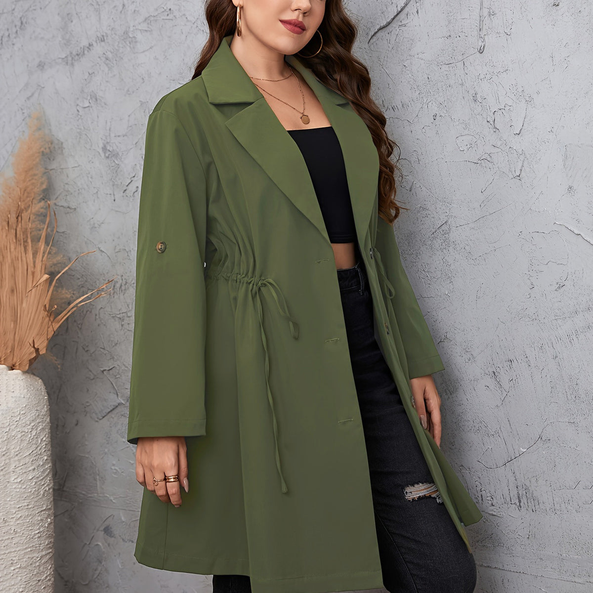 Trenchcoat mit Knopf in Armeegrün – Bild 6 | LuxeStyle