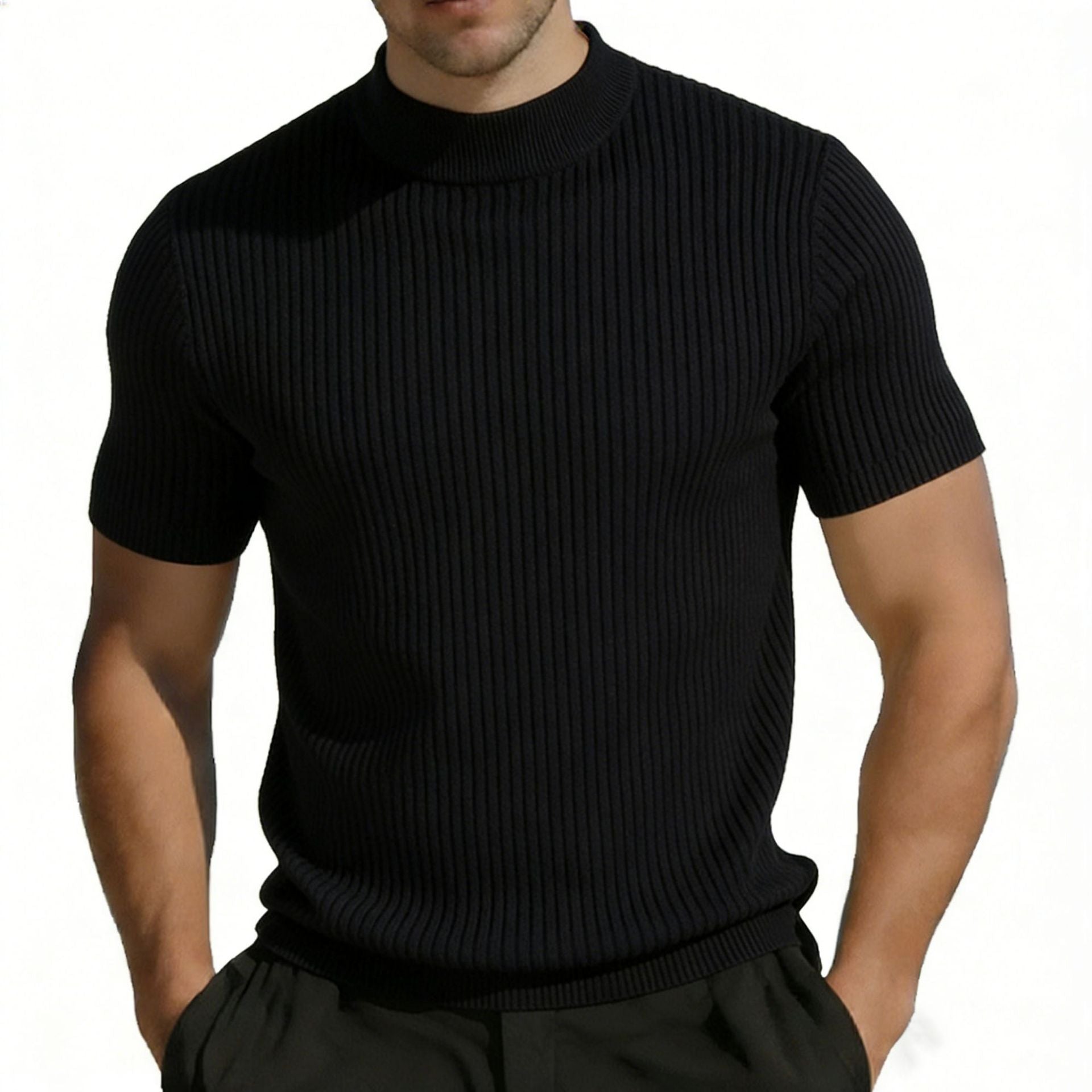 Kurzarm Strick-T-Shirt für Herren mit Mock Neck