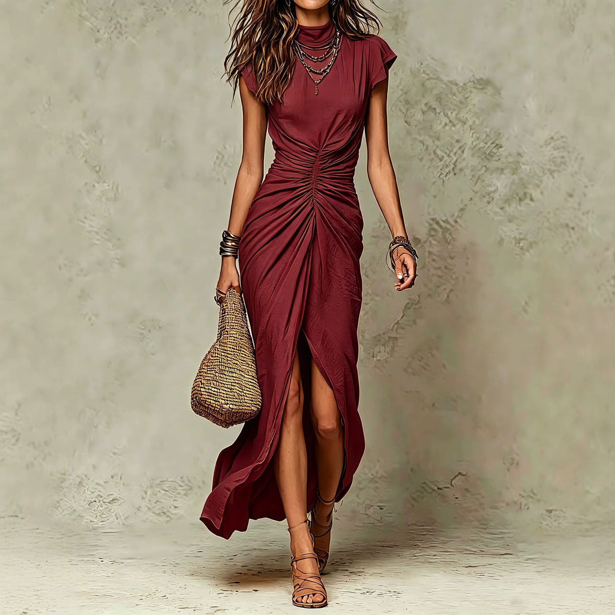 Plissiertes Maxi-Abendkleid mit Stehkragen – Bild 3 | LuxeStyle