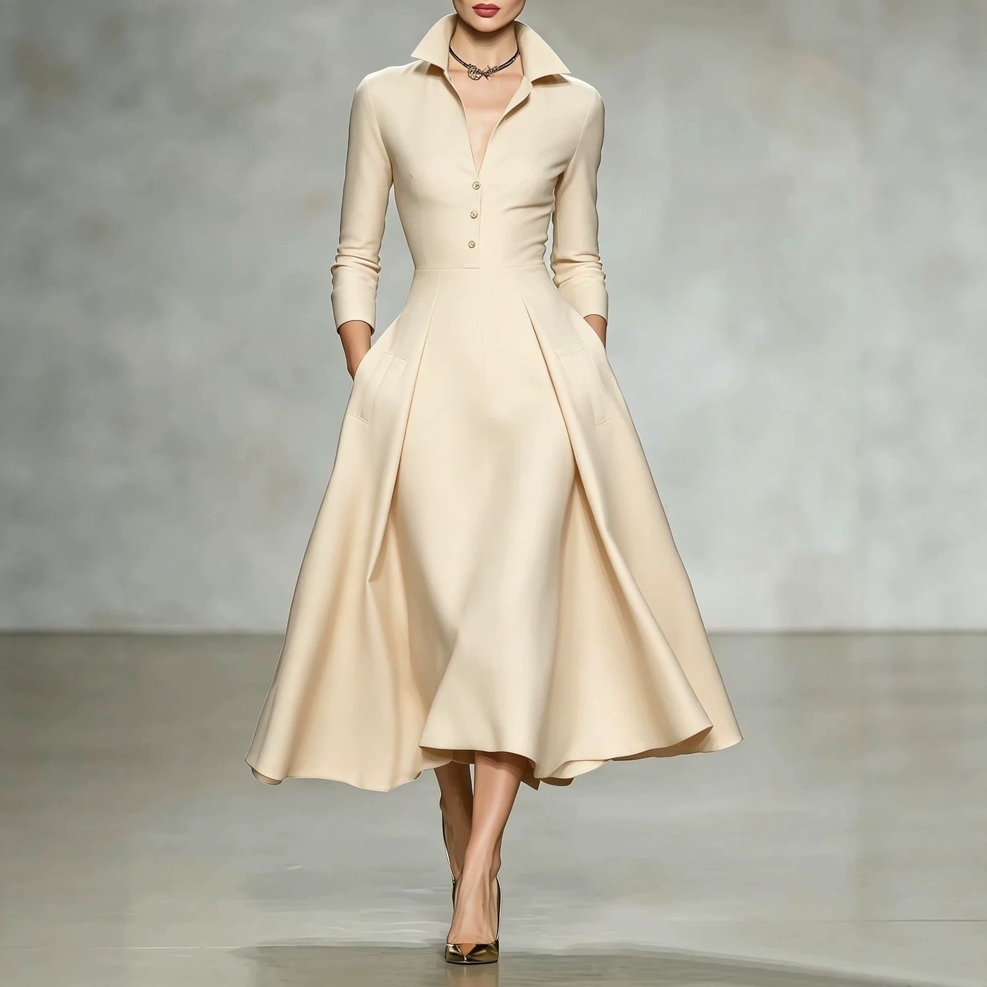Tailliertes Langarm-Midikleid mit V-Ausschnitt