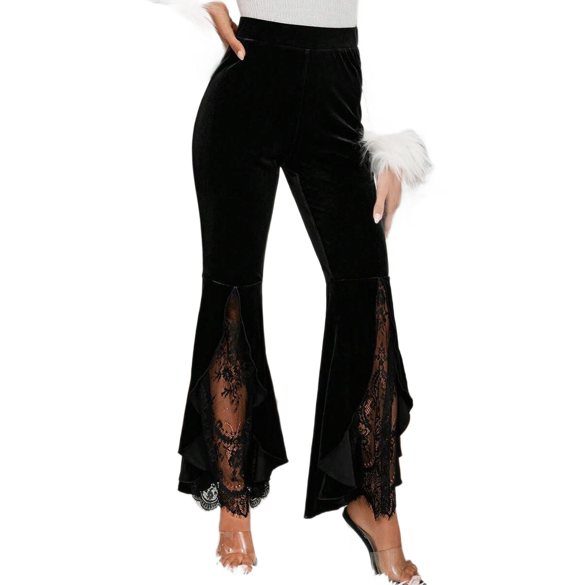 High-Waist Samthose mit Spitze