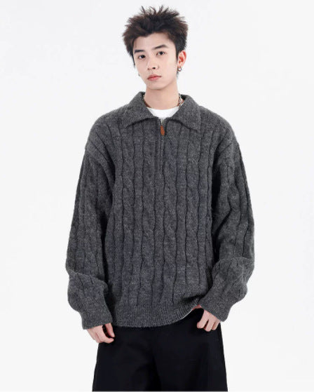 Retro Half-Zip Pullover mit Fischgratmuster