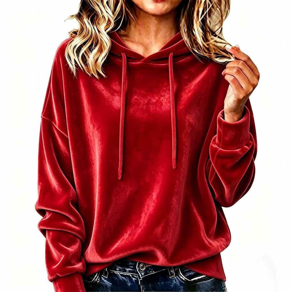 Samt-Pullover mit Kapuze und Kordelzug
