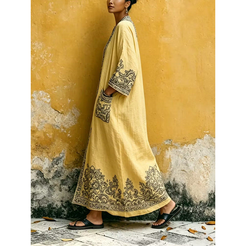 Langes Vintage Leinenkleid mit Print