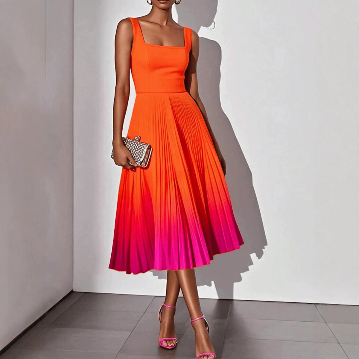 Midikleid mit eckigem Ausschnitt und Plissees | LuxeStyle