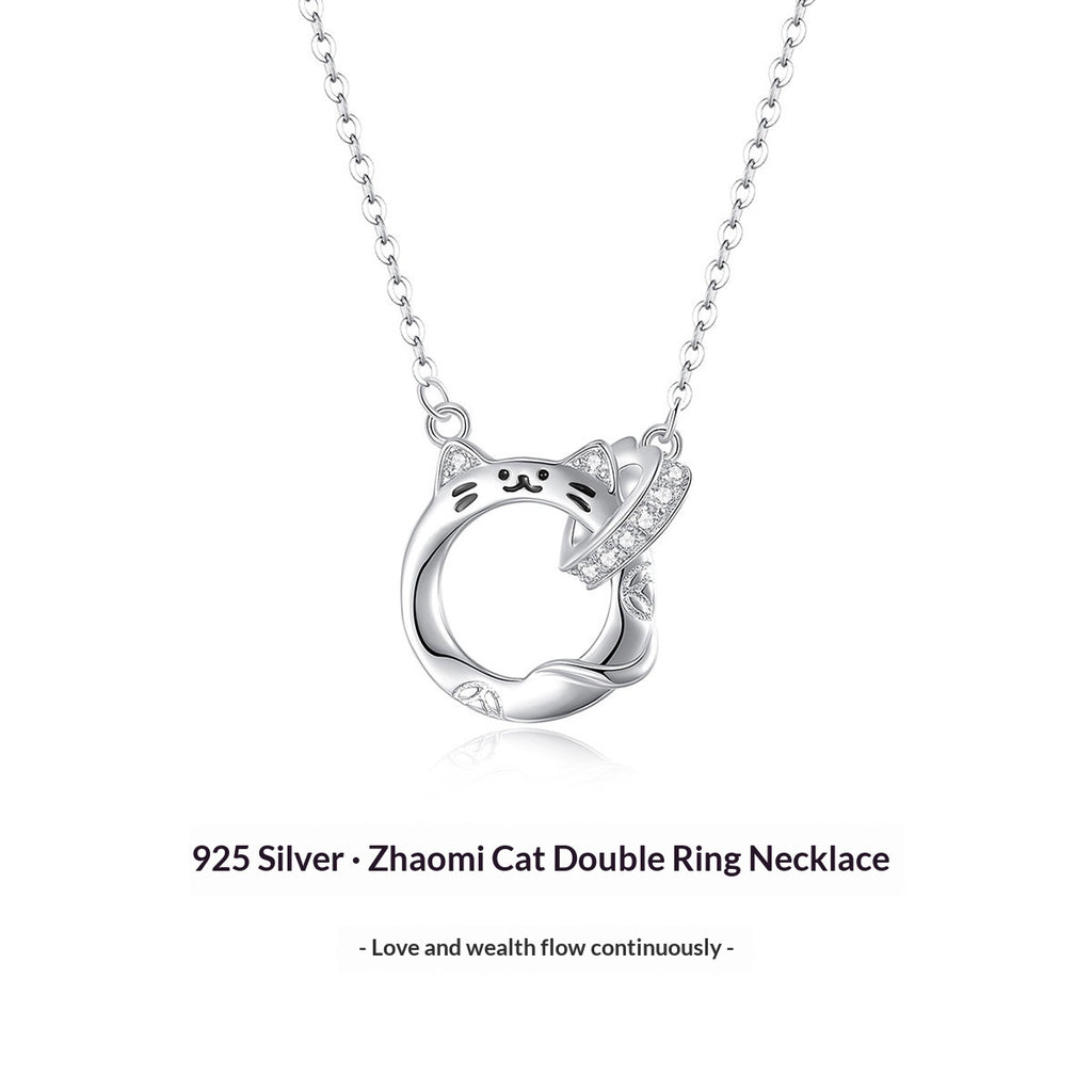 Lucky Cat Doppelring Kette aus 925er Silber für Damen