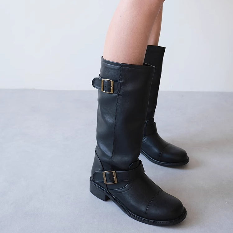 Niche Leder-Overknee-Stiefel mit Schnalle