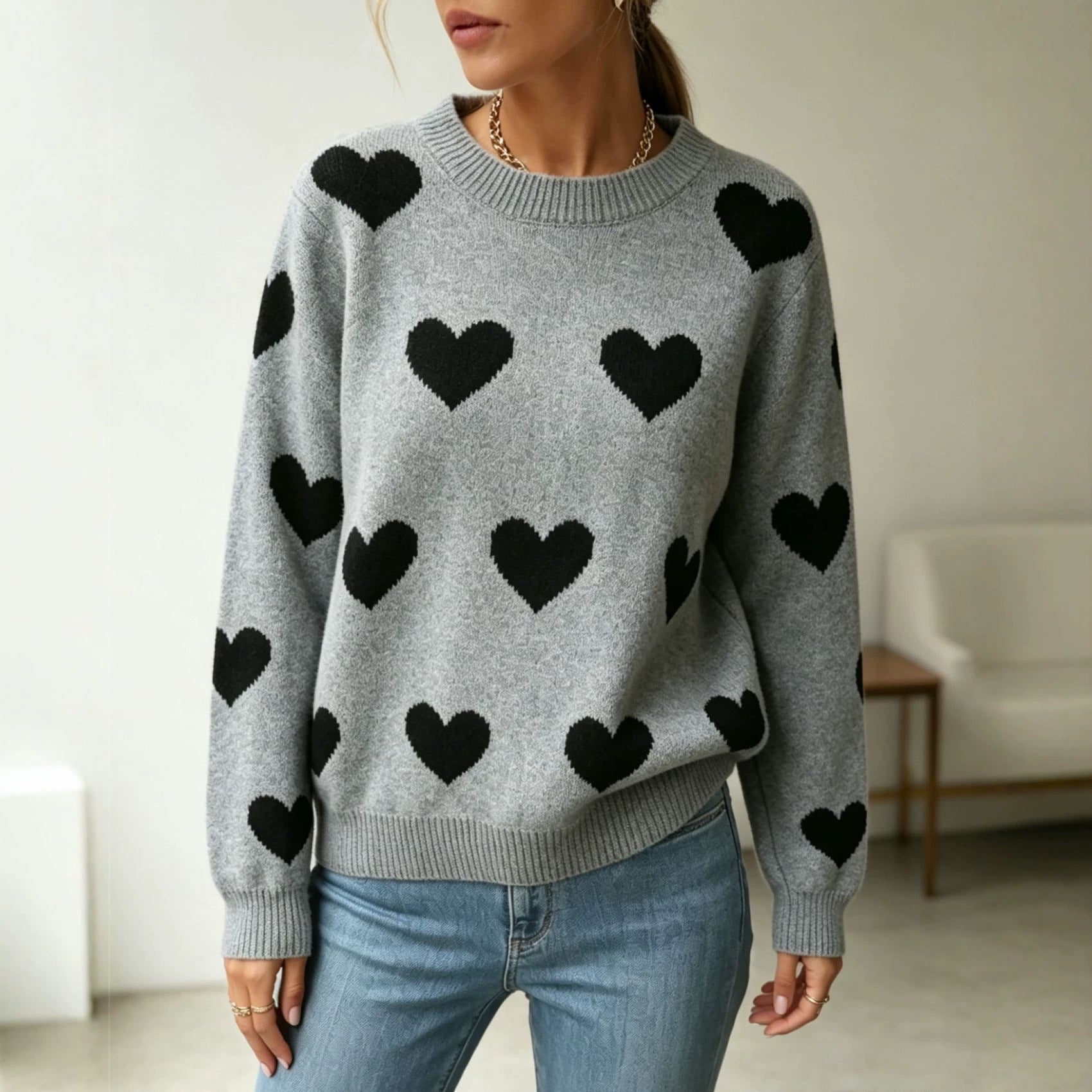 Vielseitiger Langarm-Strickpullover mit Rippenmuster