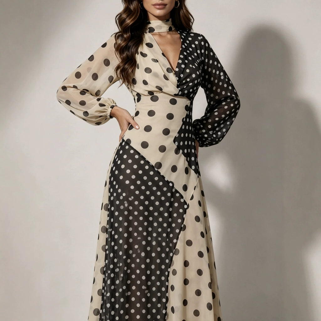Off-Shoulder Polka-Dot Midi-Kleid mit Patchwork