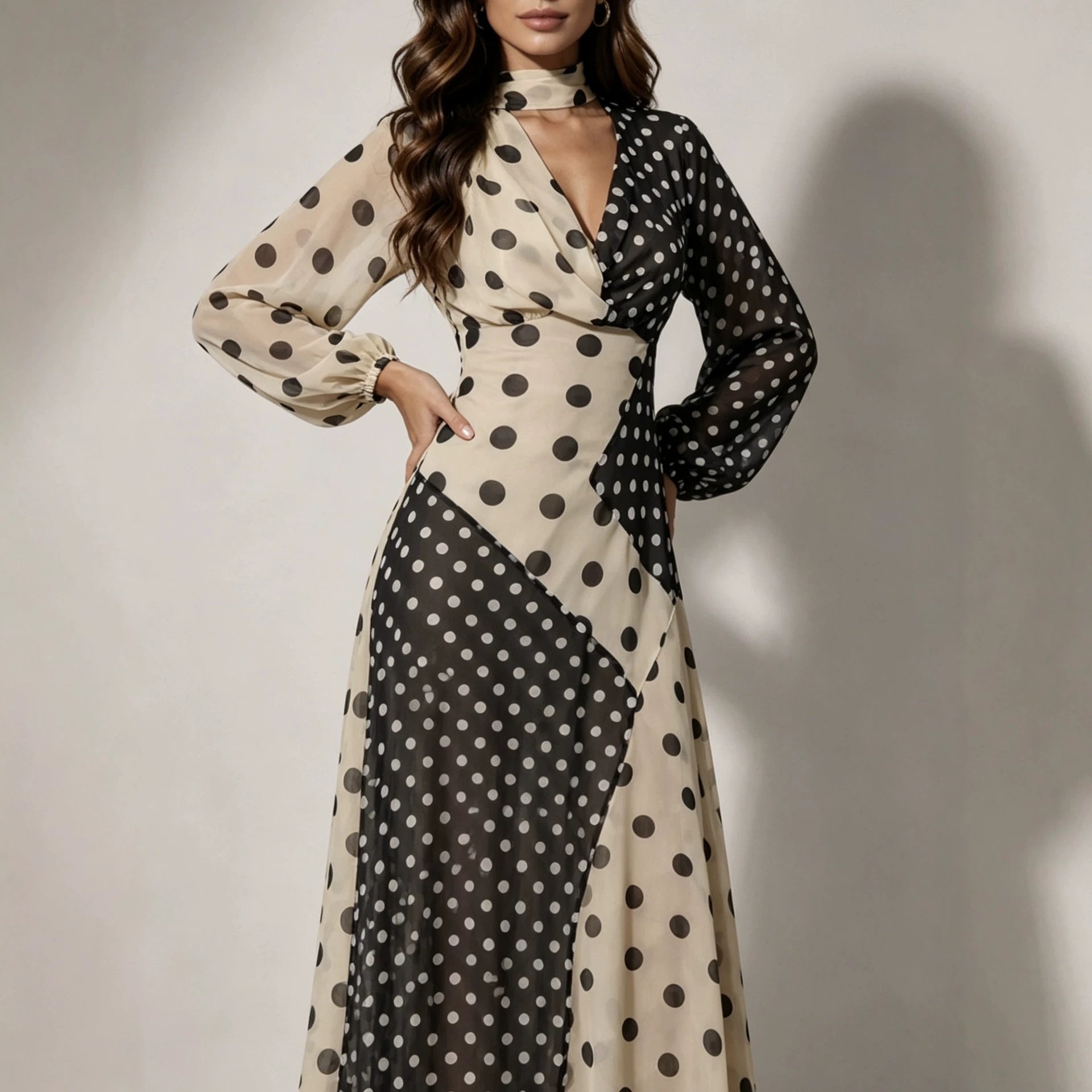 Off-Shoulder Polka-Dot Midi-Kleid mit Patchwork