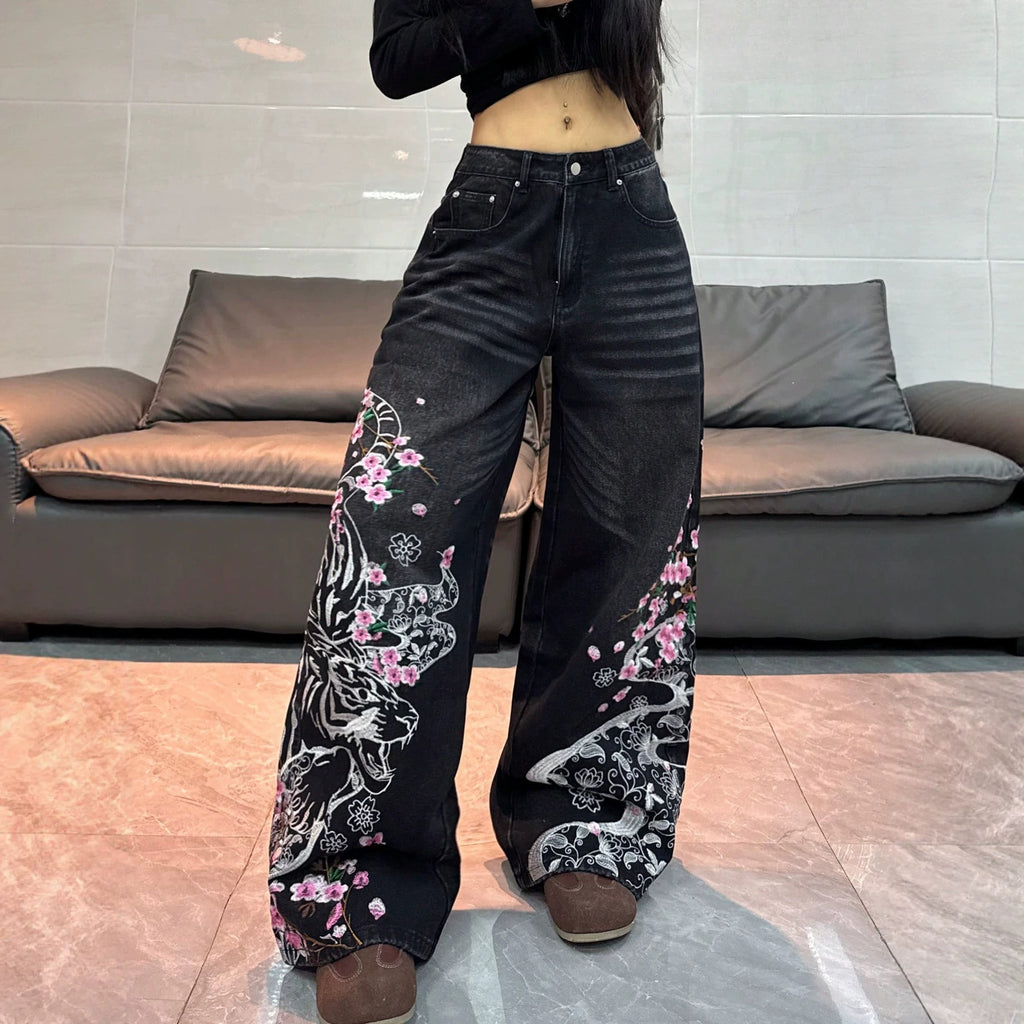 Weißer Tiger-Druck Bequem-Jeans Damen