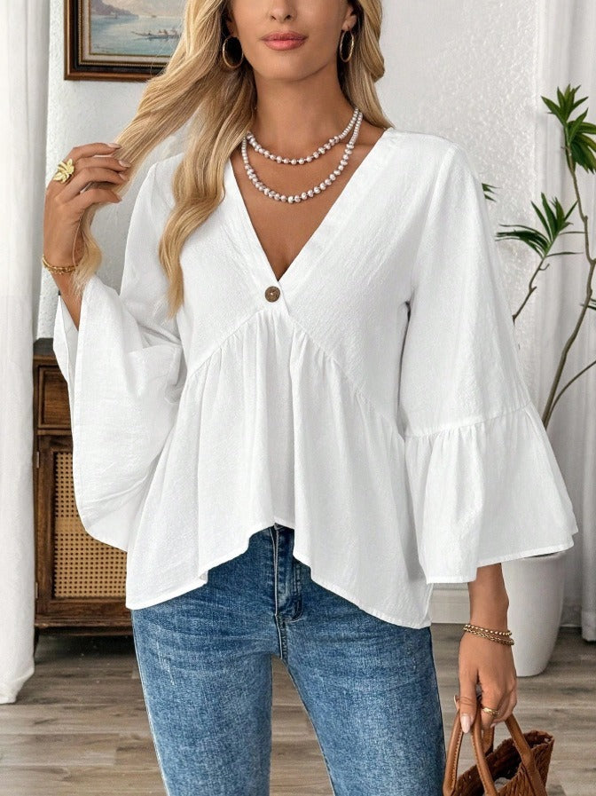 Elegante V-Ausschnitt Bluse mit Rüschenärmeln
