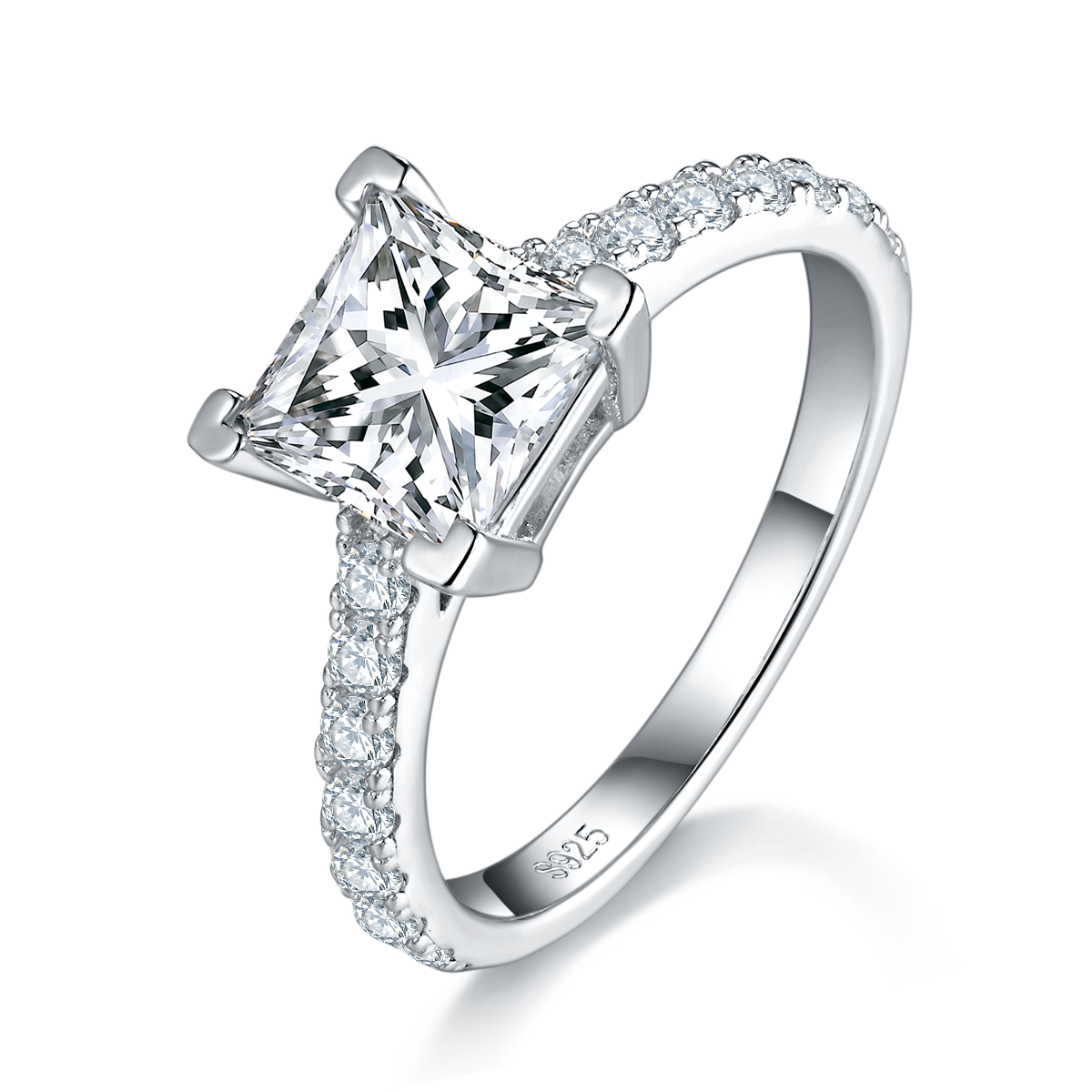 2 ct Prinzessschliff Moissanit-Ring, Pavé-Band, Platinbeschichtet, GRA