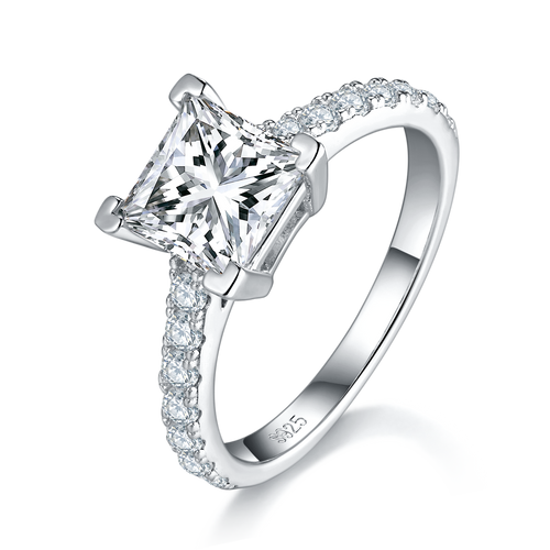 2 ct Prinzessschliff Moissanit-Ring, Pavé-Band, Platinbeschichtet, GRA