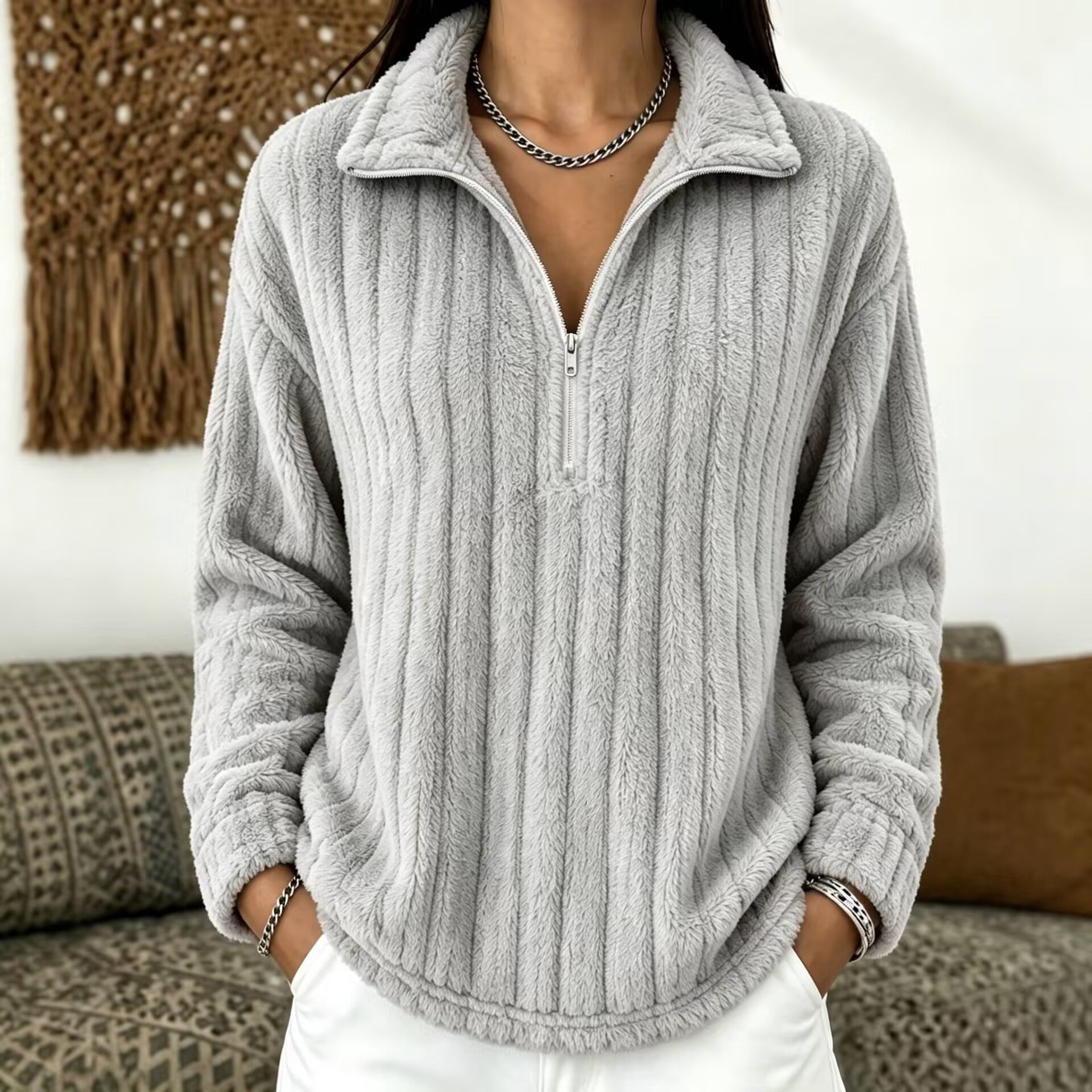 Plüsch-Kapuzenpullover mit Reissverschluss