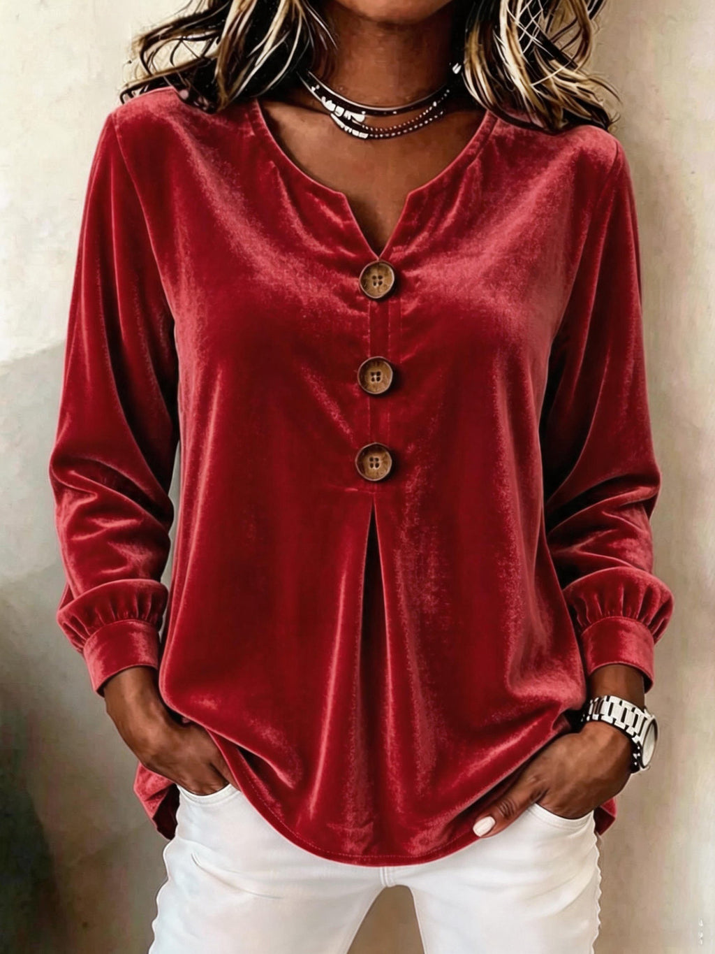 Elegante Samtbluse mit V-Ausschnitt