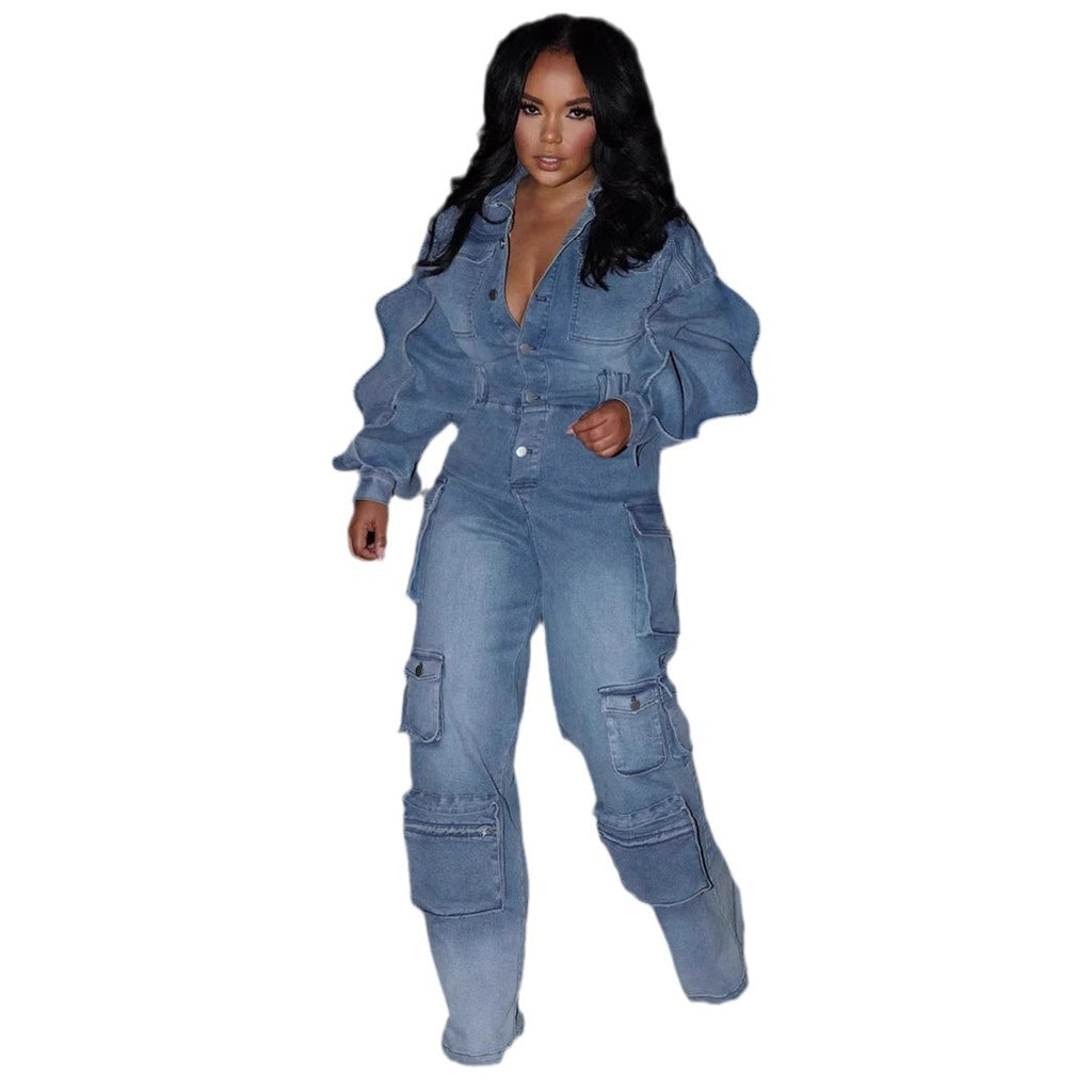 Blauer Jumpsuit mit Straight-Leg-Hose
