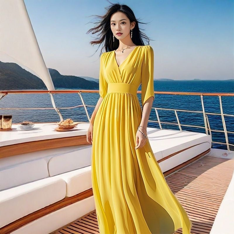 Gelbes Chiffonkleid mit V-Ausschnitt – Bild 4 | LuxeStyle