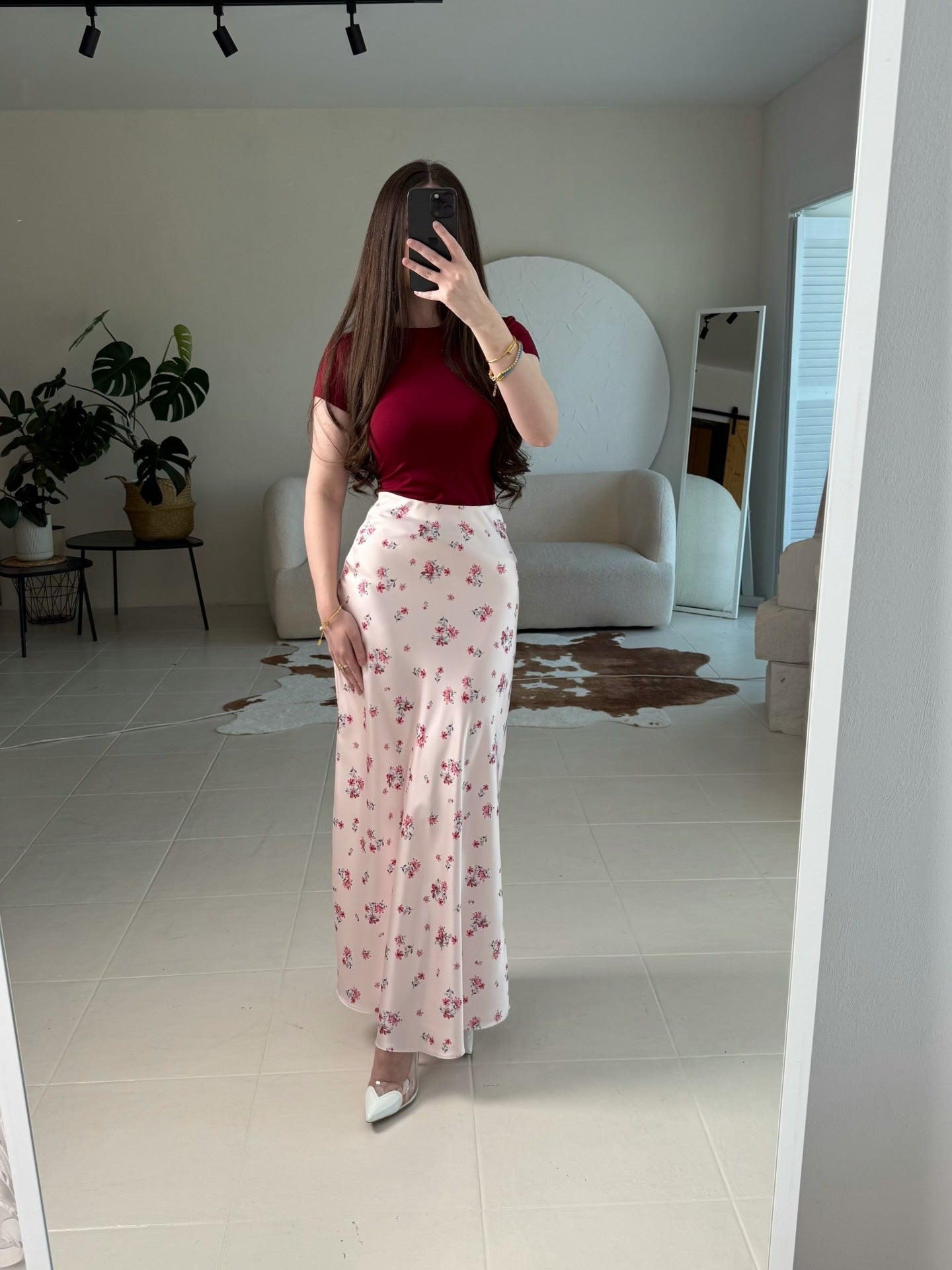 Satin-Mermaid-Midirock mit Blumenprint – Ansicht 4