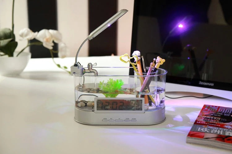 Mini-Aquarium mit Uhrenfunktion, Temperaturalarm und Stifthalter