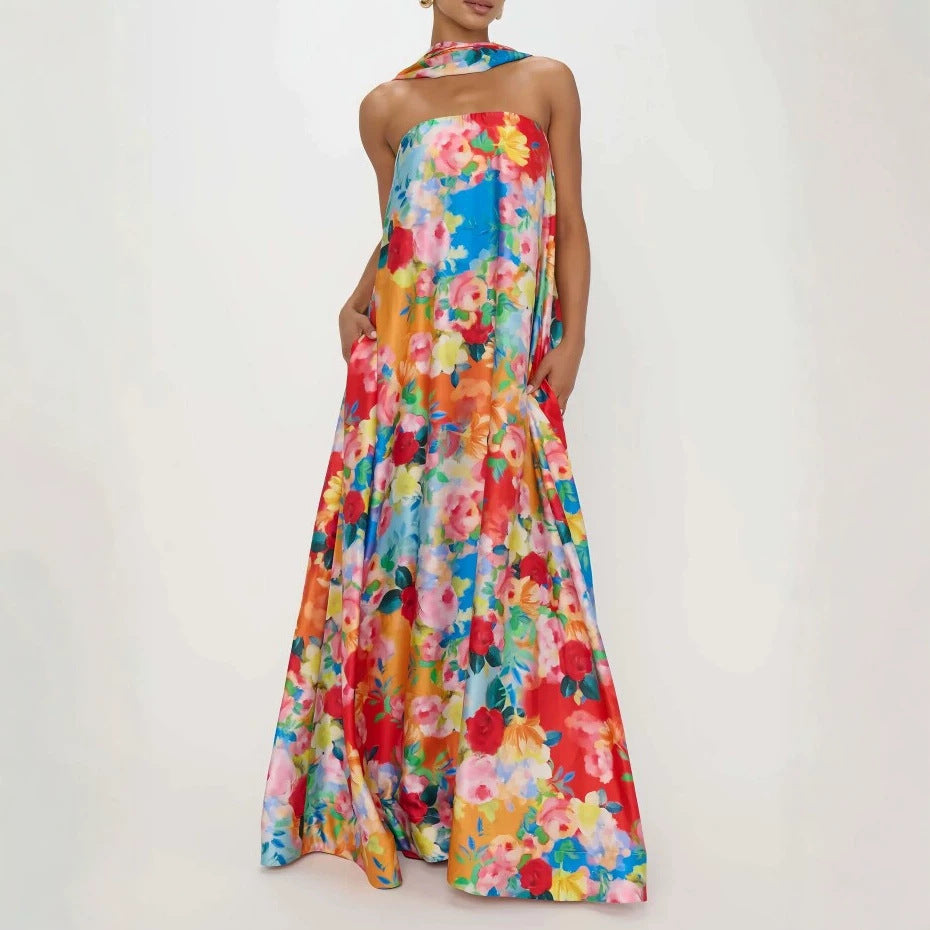 Gemustertes Maxi-Trägerkleid mit Bindegürtel – Bild 3 | LuxeStyle