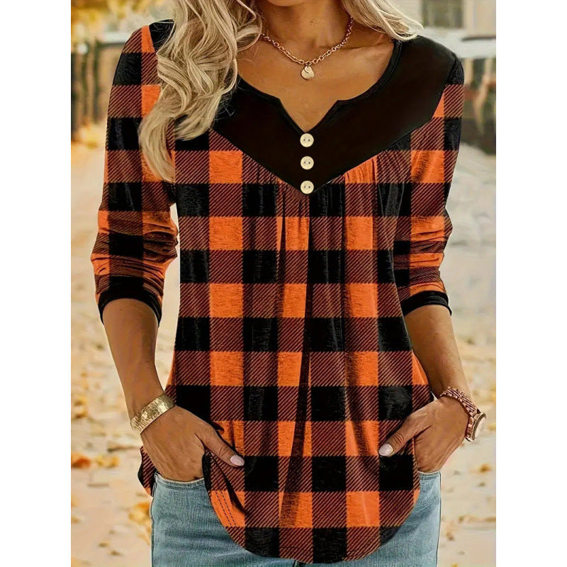 Lässiges Langarmshirt mit Falten und Karomuster