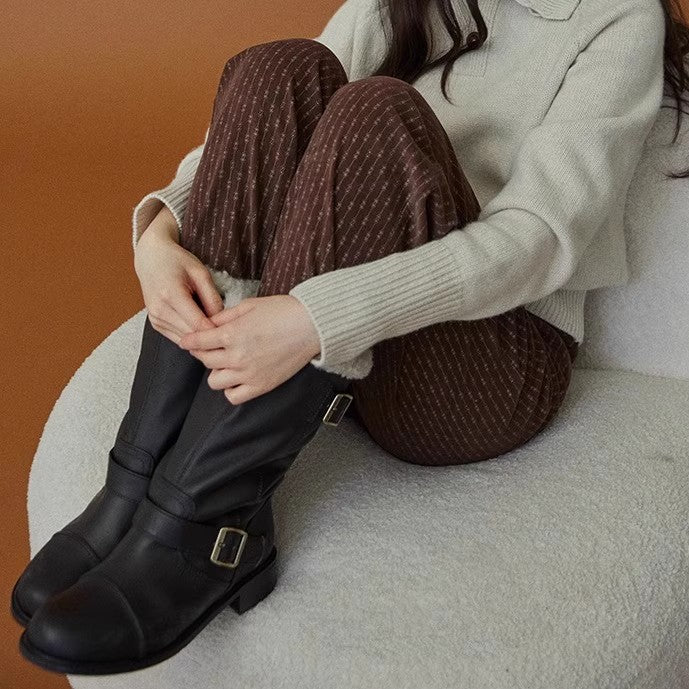 Niche Leder-Overknee-Stiefel mit Schnalle