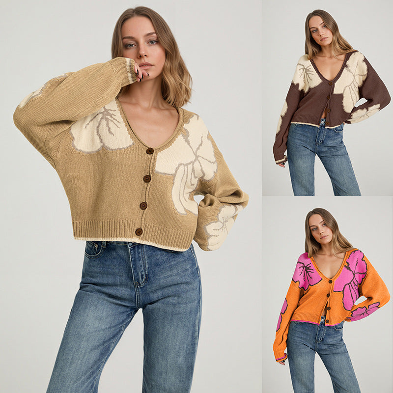 Jacquard Color-Block Strick-Cardigan für Damen