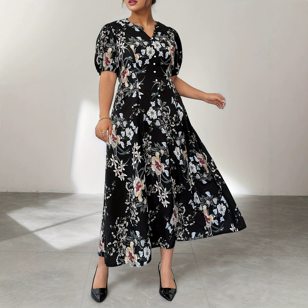 Elegantes V-Ausschnitt Midi-Kleid mit Print