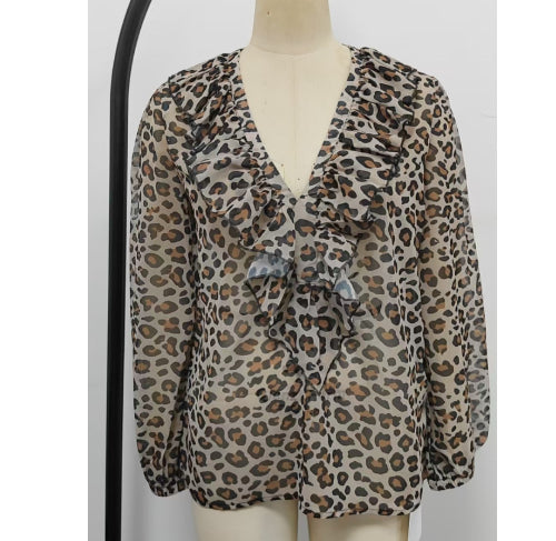 Leopard-Print Chiffon-Shirt mit V-Ausschnitt