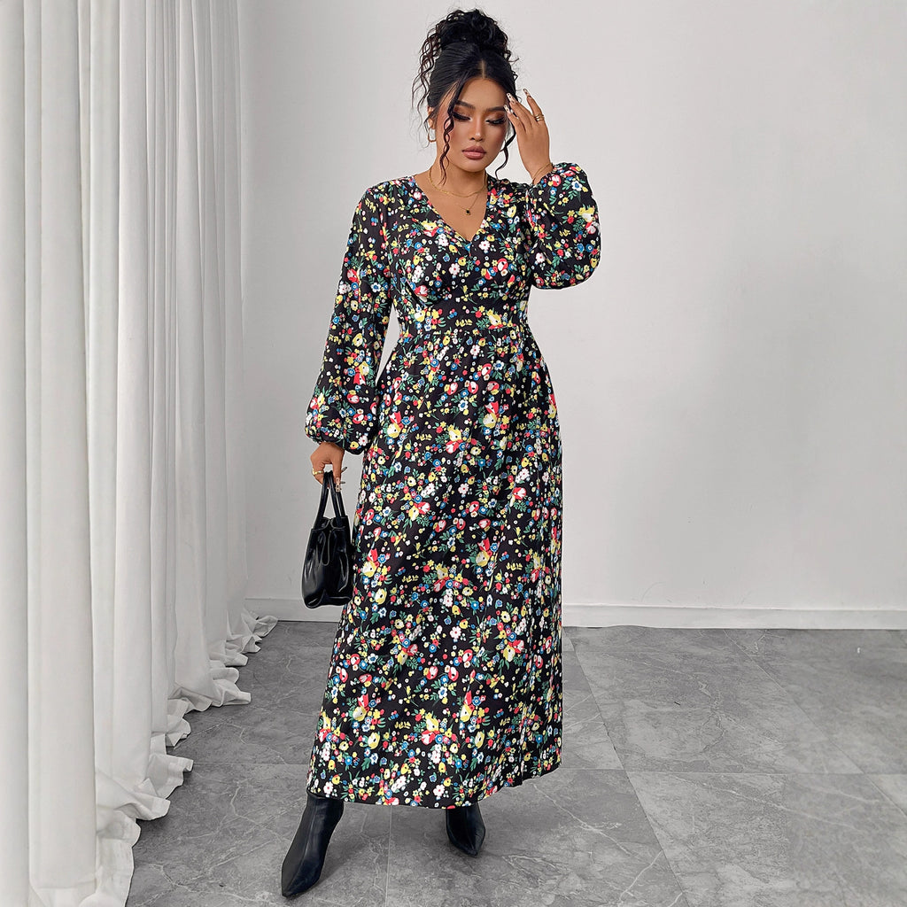 Bedrucktes V-Ausschnitt Maxikleid mit hoher Taille