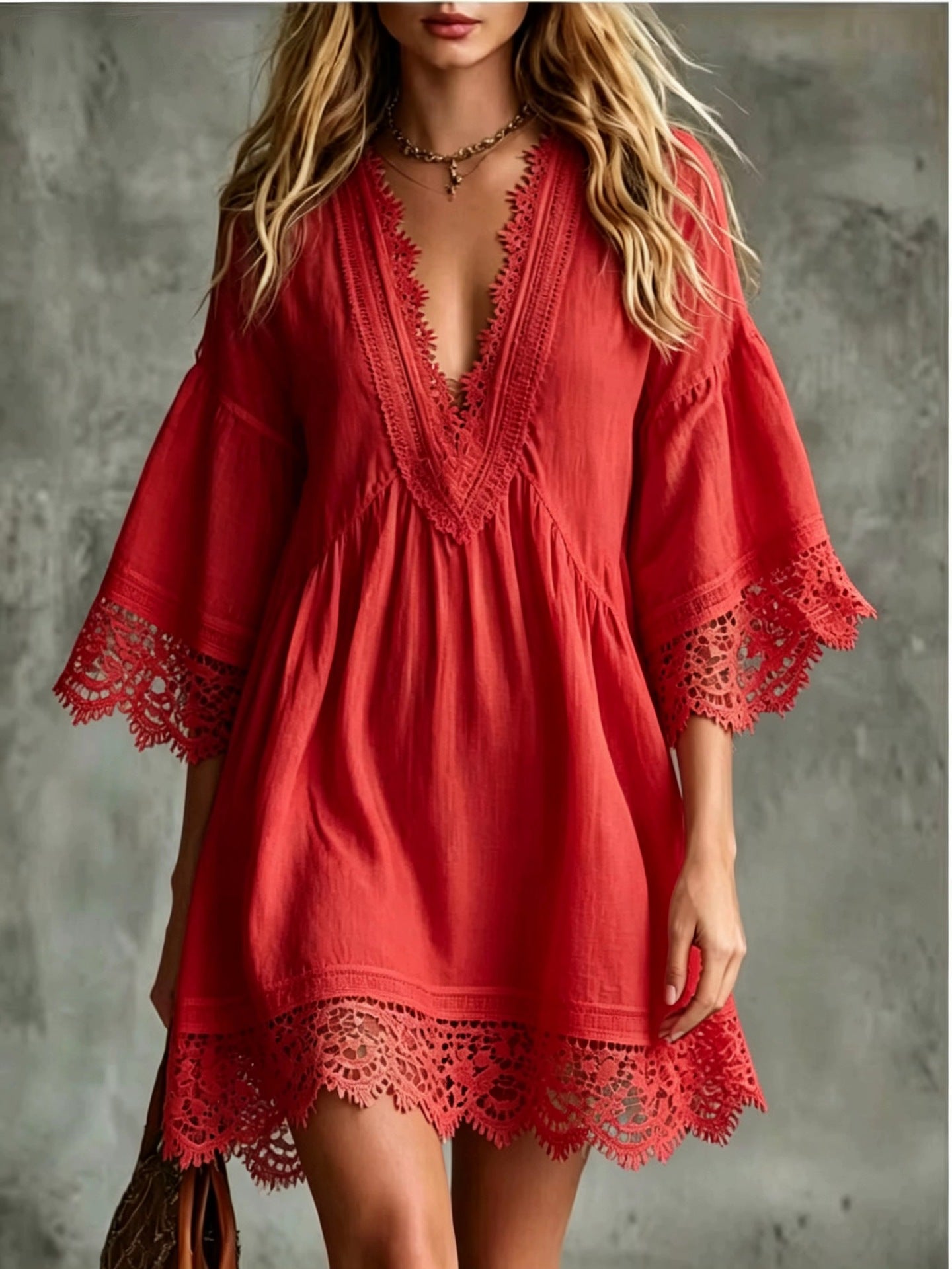Elegantes Midi-Kleid mit V-Ausschnitt & Spitze