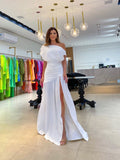 Off-Shoulder Maxi-Kleid mit Taillengürtel und Schlitz – Bild 15 | LuxeStyle