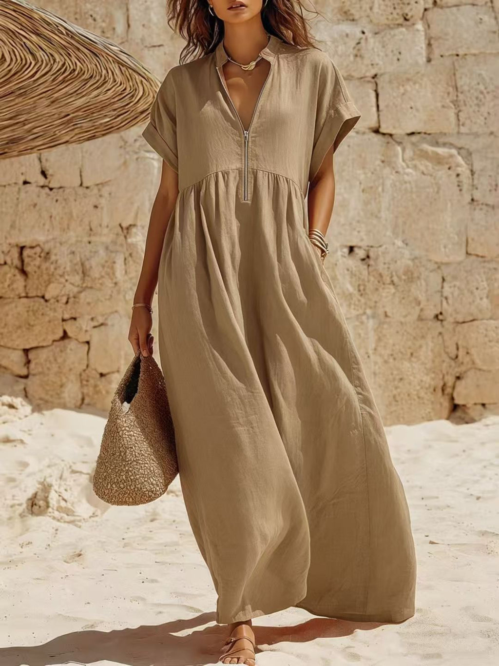 Langes Leinenkleid mit Reissverschluss – Bild 2 | LuxeStyle