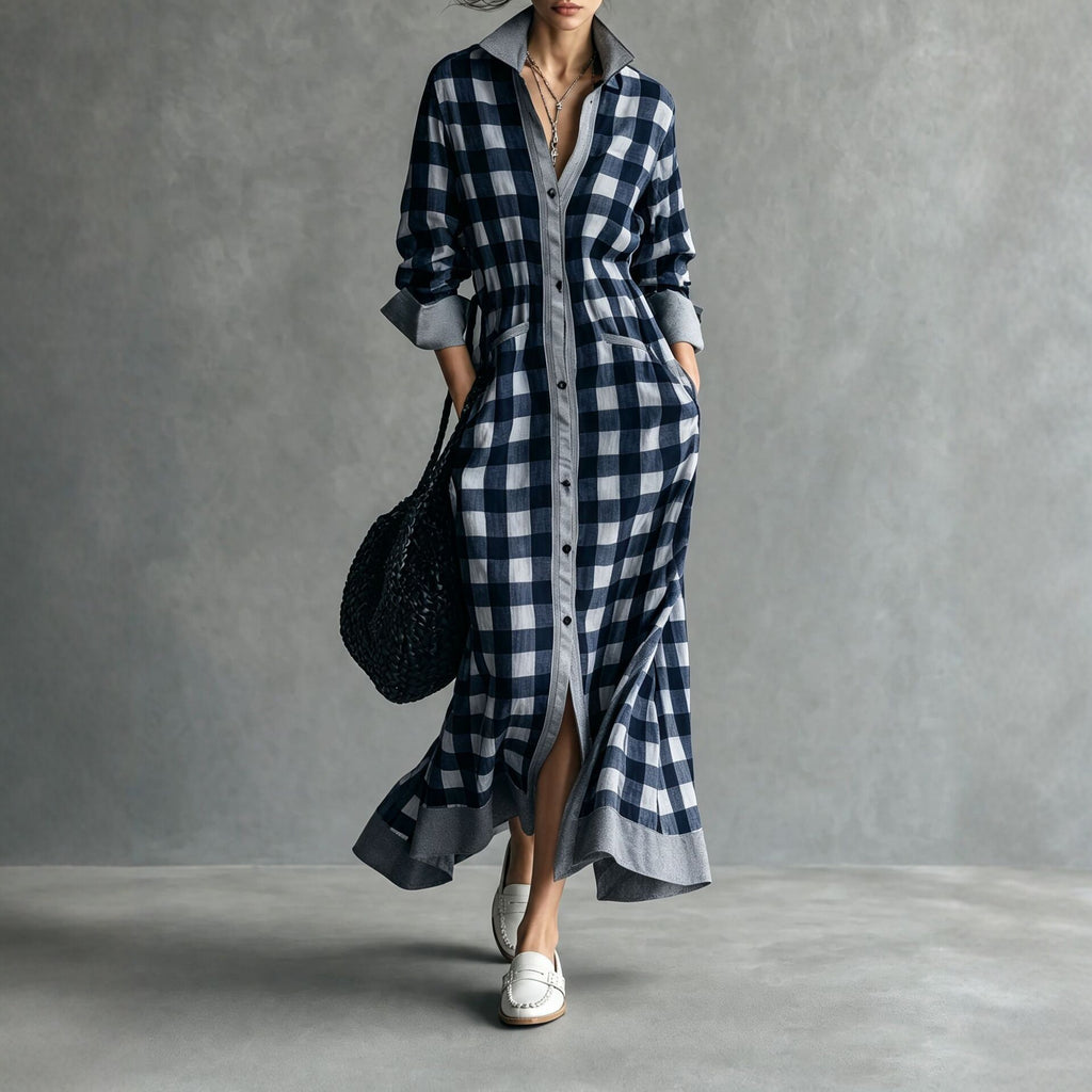 Kariertes Langarm-Hemdblusenkleid für Damen