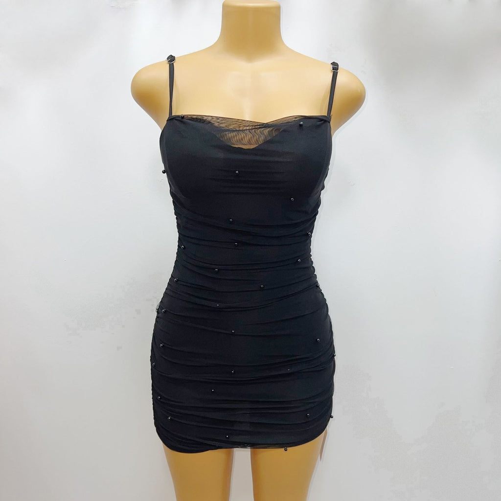Minikleid mit Perlen und Mesh-Trägern – Bild 2 | LuxeStyle