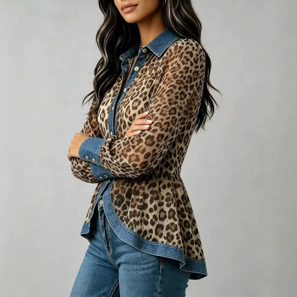 Leoparden-Patchwork Denim Hemd